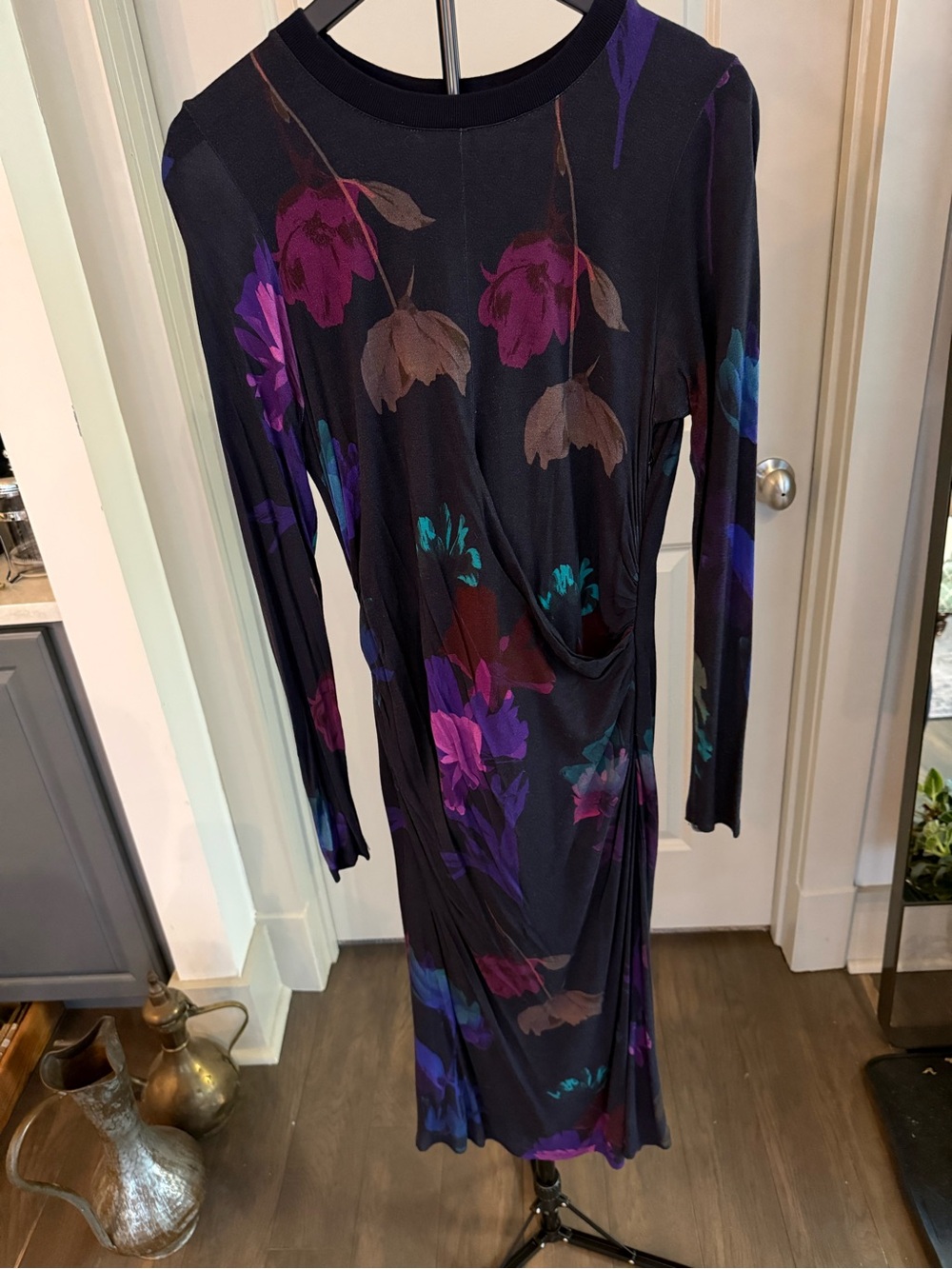 Boss Black Long-Sleeve Floral Midi Dress with Purple & Teal Accents
